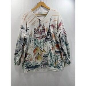 Vtg Kolorway USA Travel Landmark Print Sweater Women Sz 2 XL White Eiffel Tower
